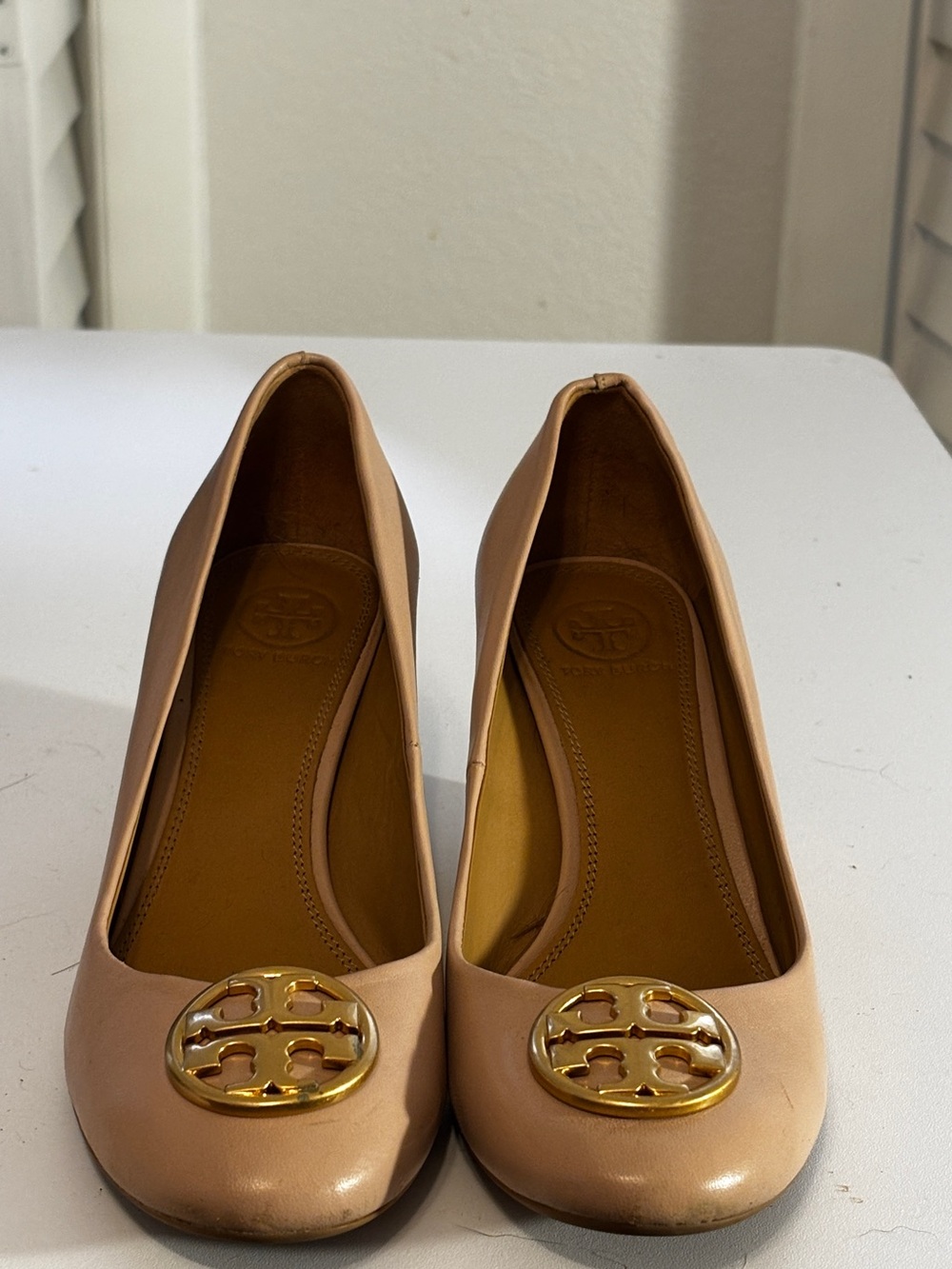 Tory Burch Blush Leather Ballet wedge with Gold Logo Medallions